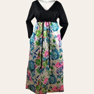 Vintage 1960s Quilted Hostess Dress MOD Flower Power Maxi Dress Butterflies M